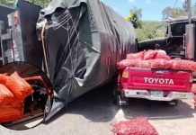 Hecho de tránsito en San Antonio Sacatepéquez: camión vuelca tras presunta falla en los frenos